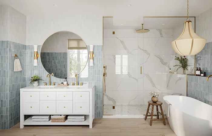 Remodeled bathroom with a tiled walk-in shower and a new vanity