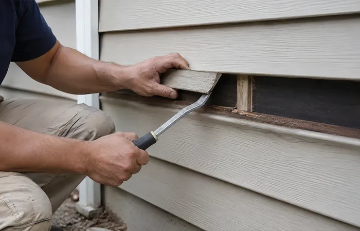 Exterior band board and trim repair on a residential wall