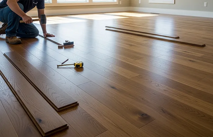 Newly installed hardwood plank flooring running into an open living area
