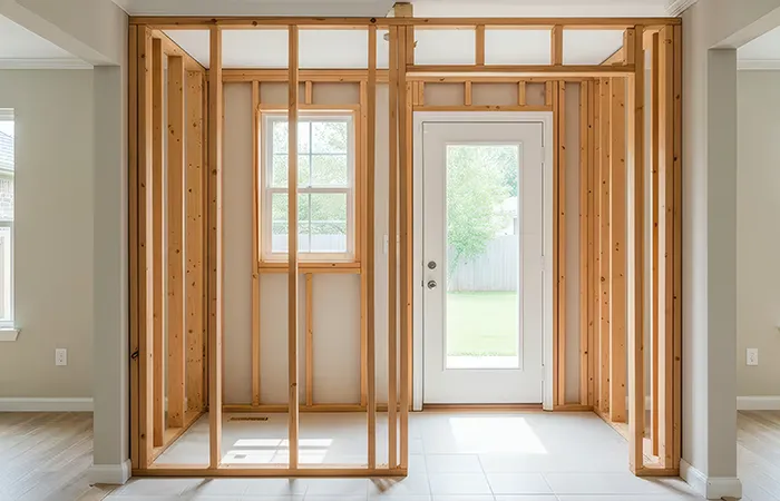 Interior wall framing with new studs and headers in place
