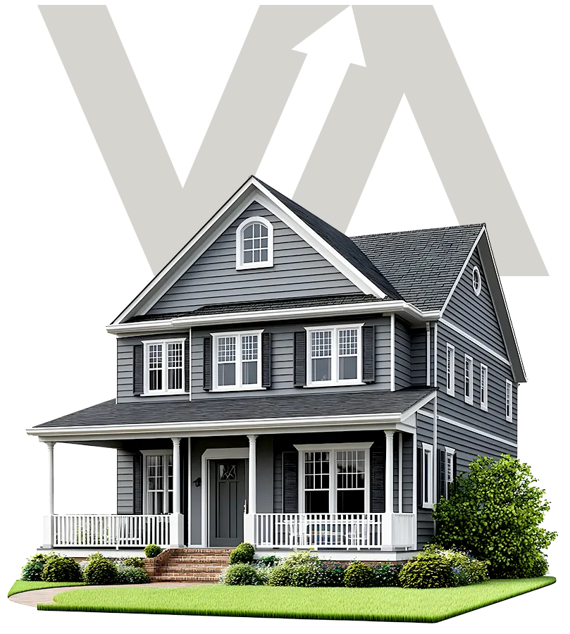 Illustrated home exterior with lap siding, a covered front porch and new windows