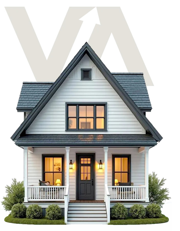 Illustrated home exterior with lap siding, a covered front porch and new windows